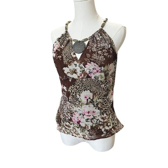 VTG Y2K ICE Brown & Pink Floral Leopard Print Halter Top w Wooden Bead Necklace - Picture 2 of 8